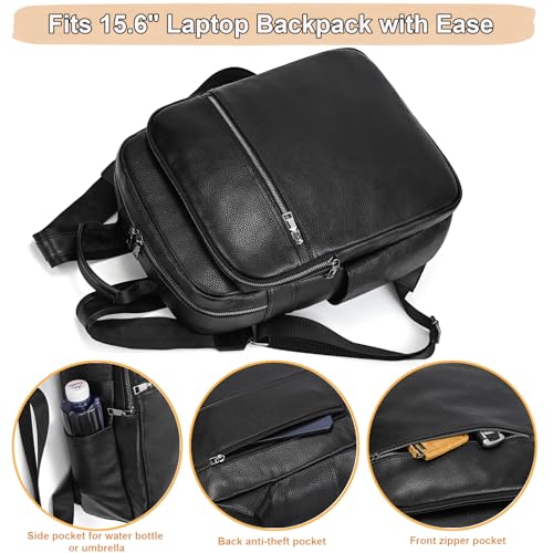 Genuine Leather 15.6 Inch Laptop Backpack for Men & Women, Business Commute Bag Daypack with Multi-Pockets for Travel Outdoor - color: Y80-17y-black