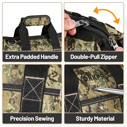 WORKPRO 16-Inch Wide Mouth Tool Bag with Water Proof Molded Base | Multi-Pocket Tool Bags for Men, Adjustable Shoulder Strap, Waterproof Oxford Fabric - color: Camouflage