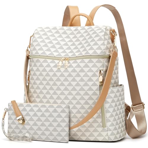 Makes Backpack Purse for Women PU Leather Travel Satchel Handbag Convertible Design Bag with Purse 2 Piece - color: Beige Triple