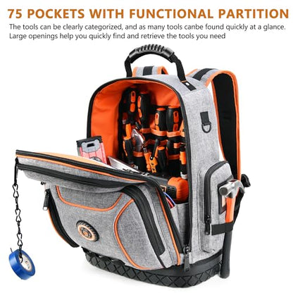 Tool Bag Backpack, 75 Pockets & Loops Heavy Duty Tools Organizer Bags/HVAC Tool Carrier for Eelectrician/Construction Work with Molded Base and Combination Lock, Large, Grey - color: Grey