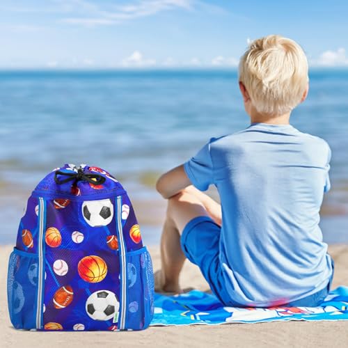 WAWSAM Kids Gym Drawstring Backpack String Bag, Ball Sports Gym Bag for Kids Boys Waterproof Swimming Beach String Cinch Backpack with Two Water Bottle Pocket - color: Ball