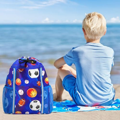 WAWSAM Kids Gym Drawstring Backpack String Bag, Ball Sports Gym Bag for Kids Boys Waterproof Swimming Beach String Cinch Backpack with Two Water Bottle Pocket - color: Ball