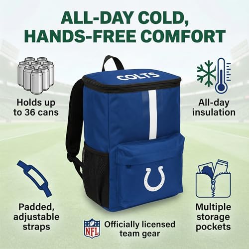 Cooler Backpack – Portable Soft Sided Ice Chest – Insulated Bag Holds 36 Cans - Football Gear – Show Your Team Spirit with Officially Licensed Fan Gear - style: Indianapolis Colts