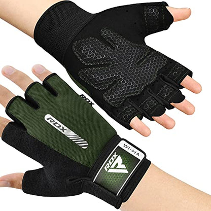 RDX Weight Lifting Gloves Gym Fitness Workout, Anti Slip Padded Full Palm Protection, Ultra Ventilated, Bodybuilding Strength Training HIIT WOD Exercise, Half Finger Men Women Cycling Rowing Climbing - color: Army Green, size: Medium