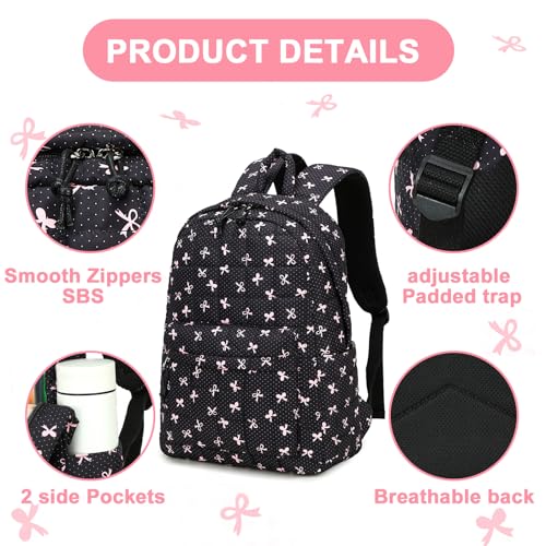 LEDAOU Kids Backpack for Girls Backpacks with Lunch Box, Lightweight Bookbag Set Elementary Middle School Back pack for 8-14 - color: Black Bow