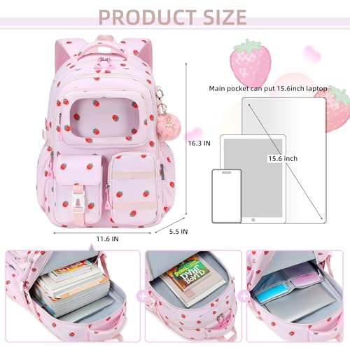 AO ALI VICTORY Backpack for Girls with Lunch Bag Kids School Bags for Elementary Middle School Students Cute Bookbag (strawberry) - color: Strawberry