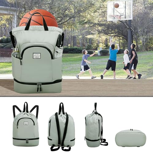 Kamo Drawstring Backpack Bag - Sport Swimming Yoga Backpack with Shoe Compartment, Two Water Bottle Holder for Men Women Large String Backpack Athletic Sackpack for Travel - color: Reseda