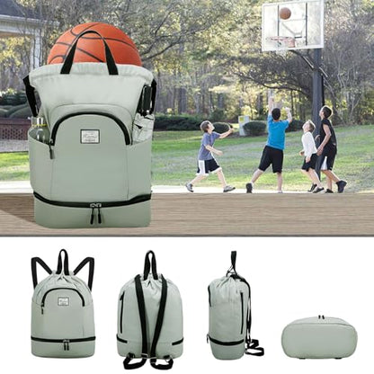 Kamo Drawstring Backpack Bag - Sport Swimming Yoga Backpack with Shoe Compartment, Two Water Bottle Holder for Men Women Large String Backpack Athletic Sackpack for Travel - color: Reseda