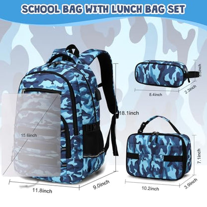 ACESAK Camo Backpack for Boys, Tactical Kids Backpack Boys, School Bags for Boy Children Teens Kids Elementary Middle High School, Military Bookbag and Lunch Bag Pencil Case Set with USB Charging Port - color: Camo Blue