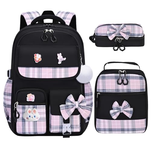 NSEQB Girls Backpack,Kids School Backpack With Lunch Box Pencil Case Set,Cute Childrens Schoolbag For Girls - color: Black-3PCS