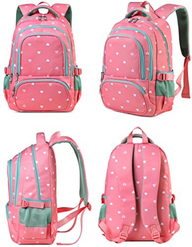 BLUEFAIRY Lightweight Water Resistant Backpack for Girls, Pink, 5-9 Years, Laptop Compartment, Adjustable Shoulder Straps, Breathable Mesh - color: Pink/Teal