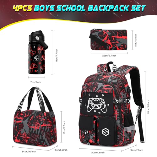 Scothen Boys Backpack, Cool Luminous Gamer School Backpacks for Boys with 14oz Insulated Water Bottle Lunch Bag Pencil Case, Kids Backpack Book Bags for Kindergarten Elementary Middle School - color: Red