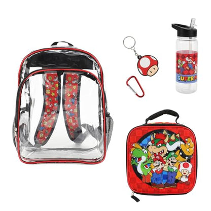 Bioworld Super Mario Brothers 5-Piece Backpack & Lunchbox Set With Water Bottle - color: 5-pc Super Mario Clear Red, size: 16 Inches