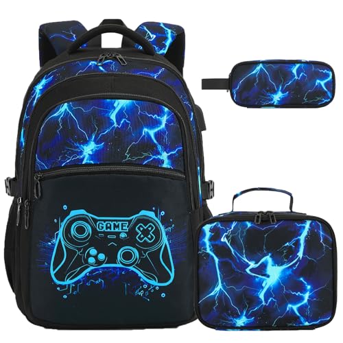 DIGOBAY Boys Backpack for School, 3PCS Cool Luminous Gamer Backpack for Boys with Lunch Box Pencil Case, Kids Backpacks Bookbag for Teen Boy Elementary Middle High School with USB Charging Port - color: Blue-lighting