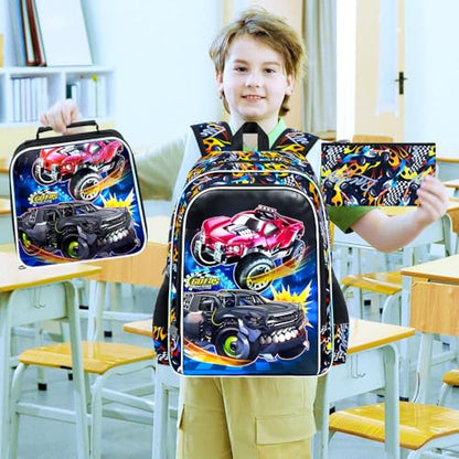 3Pcs Truck Backpack, 16" Boys Bookbag with Lunch Box, Kids School Backpacks Set for Elementary Preschool Kindergarten (Balck) - color: Truck Black