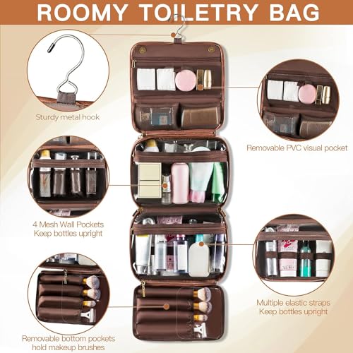 Elviros Hanging Toiletry Bag Removable Travel Bag PU leather Makeup Cosmetic Organizer Kit, Dark Brown - color: Dark Brown