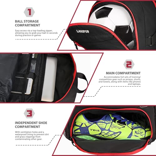 LARIPOP Soccer Backpack with Ball Holder & Shoe Compartment Large Capacity Sports Bag for Training - color: Red