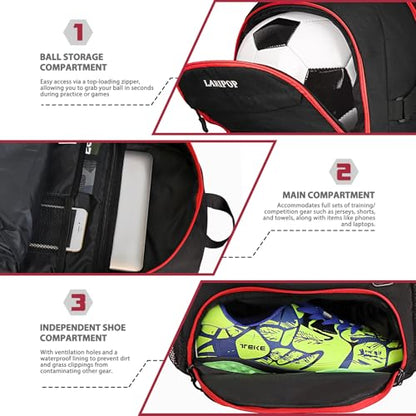 LARIPOP Soccer Backpack with Ball Holder & Shoe Compartment Large Capacity Sports Bag for Training - color: Red