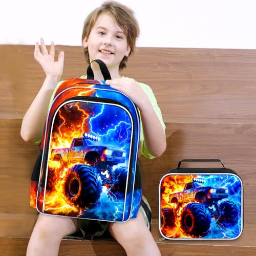 AGSDON 3PCS Truck Backpack for Boys, 17" Kids Bookbag with Lunch Box for Boy, Flame Thunder Backpacks Water Resistant and Lightweight for Teen - color: Truck