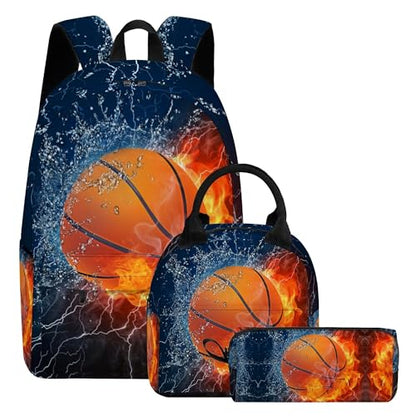 3PCS Backpack for Boys Girls, Kids Basketball Back to School Backpack Sets with Lunch Bag Pencil Case, 17 Inch Lightweight Bookpack 3 in 1 Set for Teens Elementary Middle High School Students - color: Water Fire Basketball