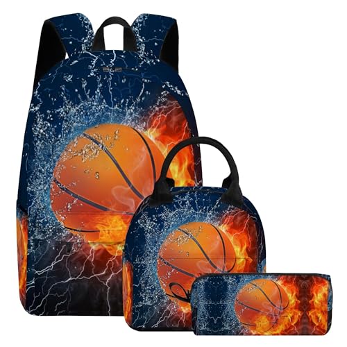 3PCS Backpack for Boys Girls, Kids Basketball Back to School Backpack Sets with Lunch Bag Pencil Case, 17 Inch Lightweight Bookpack 3 in 1 Set for Teens Elementary Middle High School Students - color: Water Fire Basketball
