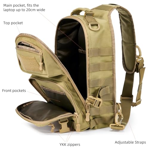 AMHEH 15L 1050D Urban Tactical Sling Bag for Men 12 Inch Laptop, Tan | MOLLE Crossbody One Strap Shoulder Backpack, Everyday Carry, Commuting, Walking, Cycling, Motorcycle Riding, Day Trip, Travel - color: Tan