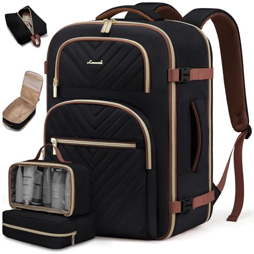 LOVEVOOK Travel Backpack Carry on Flight Approved 40L,Waterproof TSA Travel Essentials Personal Item Backpack for Women Men,Large Carry on Luggage Suitcase Travel Bag for Airplane with 3 Packing Cubes - color: Black - Brown, size: Large-40L-4Pcs