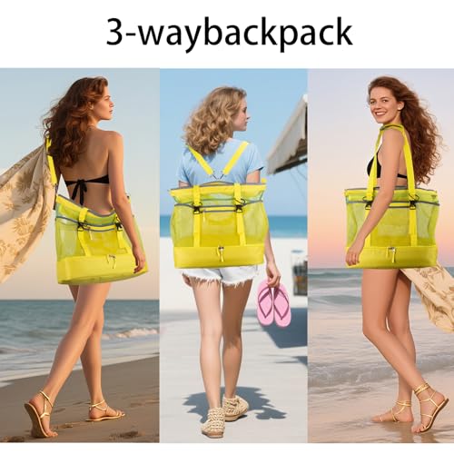 Mesh Beach Bag with Cooler Large Travel Family Vacation Essentials Pool Swimming Zipper Pocket Durable 9 Pockets - color: Yellow-green
