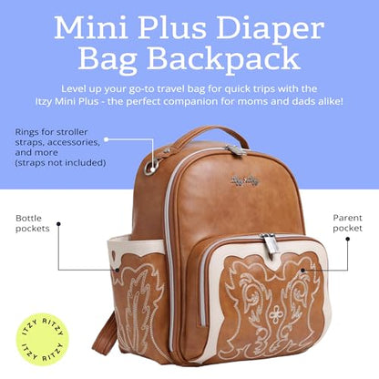 Itzy Ritzy Mini Diaper Bag Backpack – Chic, Compact Mini Plus Backpack with Changing Pad, 10 Pockets (6 Internal, 4 External), Grab-Top Handle & Rubber Feet (Saddle) - color: Saddle