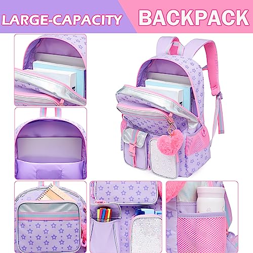 Meetbelify Aesthetic Backpack for Girls - School Backpack with Lunch Box for Elementary to Teen Girls, Cute School Bag, Purple - color: Star Purple 3pcs
