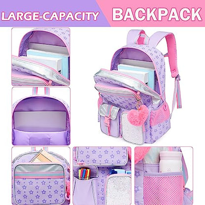 Meetbelify Aesthetic Backpack for Girls - School Backpack with Lunch Box for Elementary to Teen Girls, Cute School Bag, Purple - color: Star Purple 3pcs
