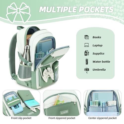 School Backpack for Girls 3PCS Nylon Kids Backpack Set with Lunch Box & Pencil Pouch, Cute Lightweight Teen Girls School Bag Laptop Bag Travel Daypack for Elementary Middle High School Beige Green - color: Green
