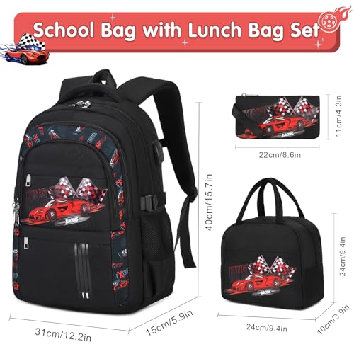 ACESAK Boys Backpack - 3PCS Cool Luminous Backpack for Boys School Backpacks for Kids Kindergarten Elementary Preschool Middle School Bags with Lunch Box Pencil Case Set (Racing Car) - color: Red Car