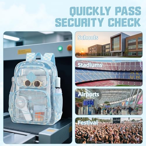 Clear Backpacks for Girls Women, Heavy Duty PVC Transparent Back Pack See Through Boys Kids Clear Bookbags for School - Checkered Sky Blue - color: Checkered Sky Blue