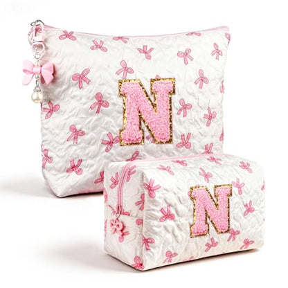 Initial Makeup Bag, Valentines Day Gifts for Women Teens Girls Birthday Gift Personalized Bow Cosmetic Bag, Quilted Cosmetic Travel Toiletry Pouch, Cute Makeup Organizer Teen Girl Gifts Trendy Stuff N - color: N