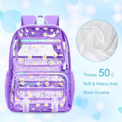KLFVB Transparent Backpack Heavy Duty, 3PCS Girls See Through School Bag Set, Cute Clear Bookbag for Women - Chrysanthemum Purple - color: Chrysanthemum Purple Clear Backpack