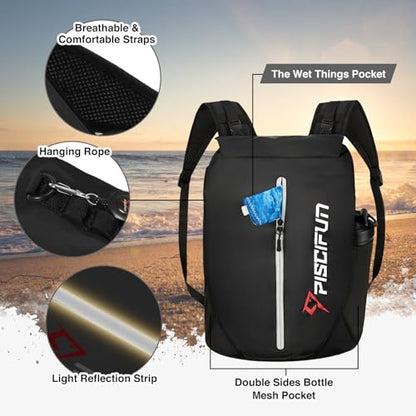 Piscifun Dry Bag Waterproof, Lightweight Dry Backpack Roll-Top Sealed with Waist Pouch and Phone Case Keeps Gear Dry Inside for Kayaking, Boating - color: Black, size: 20L