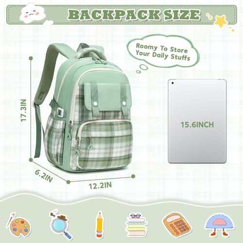 MUSEVOS Girls Backpack, Elementary Middle School Backpack, Large Capacity Kids Bookbag - color: Green/Gold Thread