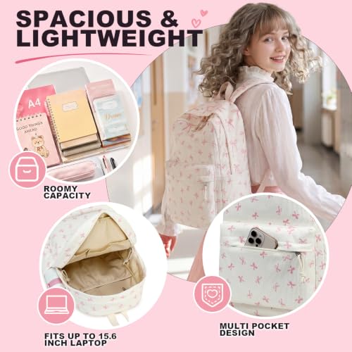 LEDAOU Backpack for Girls School Bag Kids Bookbag Teen Backpack Set Daypack with Lunch Bag and Pencil Case | Kids - color: Pink Bowtie -Beige