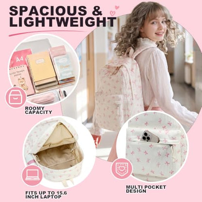 LEDAOU Backpack for Girls School Bag Kids Bookbag Teen Backpack Set Daypack with Lunch Bag and Pencil Case | Kids - color: Pink Bowtie -Beige