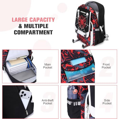Bevalsa Backpack for Boys, Cool Luminous Boys Backpack with Sling Bag, Lunch Box & Pen Case, School Bags for Kids Children Teens Elementary Middle Schools, Bookbag Glow In The Dark (Spider) - color: Spider