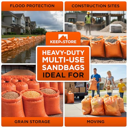 Heavy Duty Sand Bags Pack of 24, Bright Orange Empty Sandbags with Built-In Ties, Woven Polypropylene UV Protection 1600 Hours, Fillable Bags for Flood Control, Weight, 10x14 inches, 15 Pounds Volume - size: 10"W x 14"L, style: Pack of 24