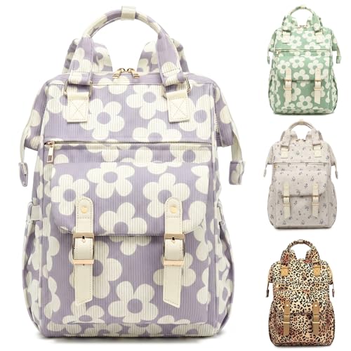 Corduroy Laptop Backpack for Women 15.6 Inch Stylish College School Bookbag, Business Work & Travel Computer Backpacks (Large Floral Purple) - color: Corduroy Large Floral Purple
