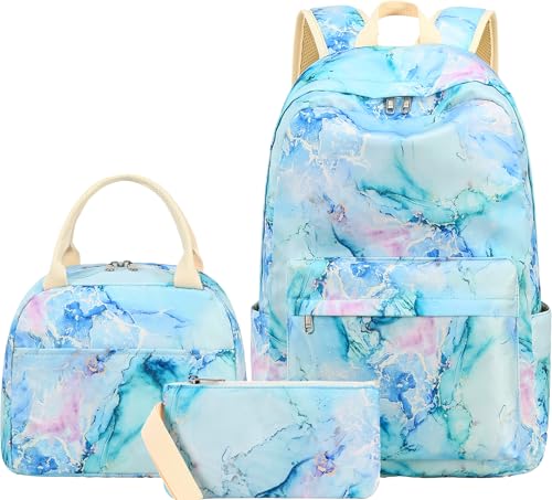 LEDAOU Kids Backpack for Girls Backpacks with Lunch Box, Lightweight Bookbag Set Elementary Middle School Back pack for 8-14 - color: Marble Purple