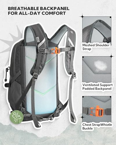 WATERFLY 20L Small Hiking Backpack for Women Men, Lightweight Breathable Back Panel, Chest Strap with Whistle, Fits 2L Water Bladder, Multi-Pocket Bag for Hiking Camping Travel Trekking Outdoor - color: Grey
