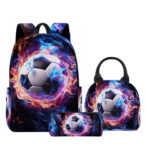 3PCS Boys Soccer Backpack, Bookbag for Kids Boys with Lunch Box, 17 Inch Soccer Teens Back to School Bag Set, Laptop Backpack for Mens School/Daypack - color: Soccer