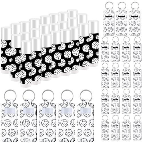 24 Sets Volleyball Party Favors Lip Balm and Lipstick Holder Keychain Bulk Sport Ball Team Gifts Natural Moisturizing Lip Balm Keychains Portable Pouch for Team Volleyball Sports Party Supplies - style: Volleyball