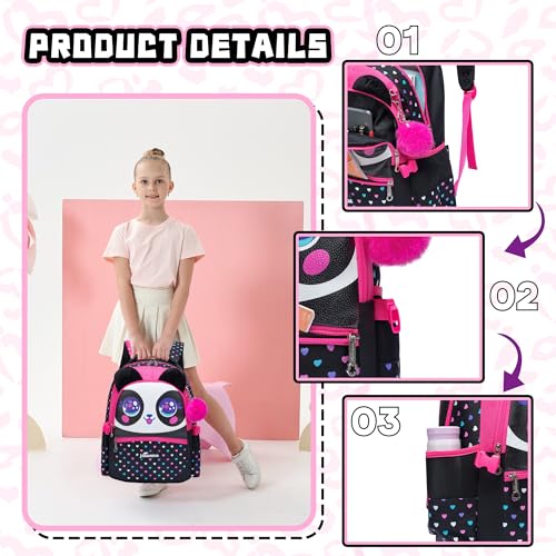 Panda Kids Backpacks for Girls School Bag with Lunch Box School Backpack for Girls Set Cute Bookbag for Kindergarten - color: Black Panda