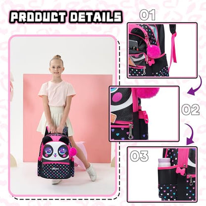 Panda Kids Backpacks for Girls School Bag with Lunch Box School Backpack for Girls Set Cute Bookbag for Kindergarten - color: Black Panda