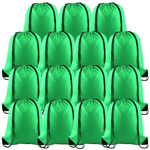 PLULON 15 Pcs Green Drawstring Bags Drawstring Backpack Bulk, String Backpack Cinch Sack Sport Gym Bags for Yoga Traveling Outdoor Sports - color: Green